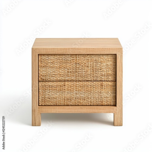 Front view of a stylish wooden nightstand with woven drawers, for organizing bedroom essentials while adding a touch of natural elegance.