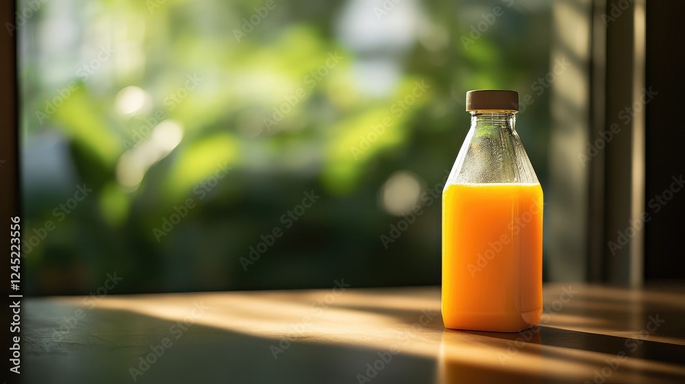 A boxed juice placed on a blurred kitchen counter, fresh morning ambiance with soft sun rays. A boxed juice placed on a blurred kitchen counter, fresh morning ambiance with soft sun rays.