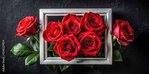 Red Rose Bouquet Still Life Photography: Dark Background, White Frame, Elegant Floral Arrangement