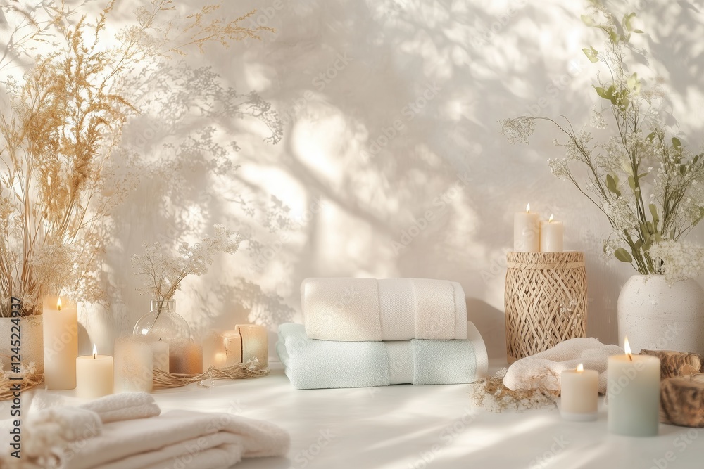 Conjunto de itens de spa com toalhas, velas e elementos decorativos em tons neutros, capturados com luz natural suave, criado com IA generativa. Conjunto de itens de spa com toalhas, velas e elementos decorativos em tons neutros, capturados com luz natural suave, criado com IA generativa.