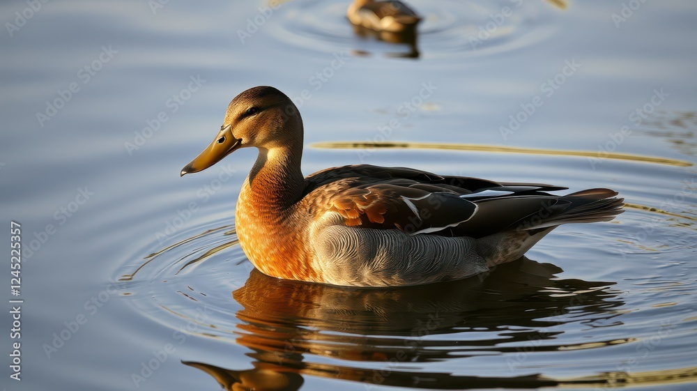 Colorful duck swimming gracefully on a calm lake during the golden hour Colorful duck swimming gracefully on a calm lake during the golden hour