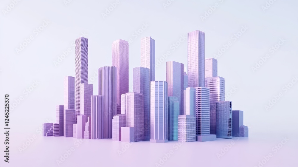 Obraz premium Futuristic purple cityscape with towering skyscrapers in soft lighting