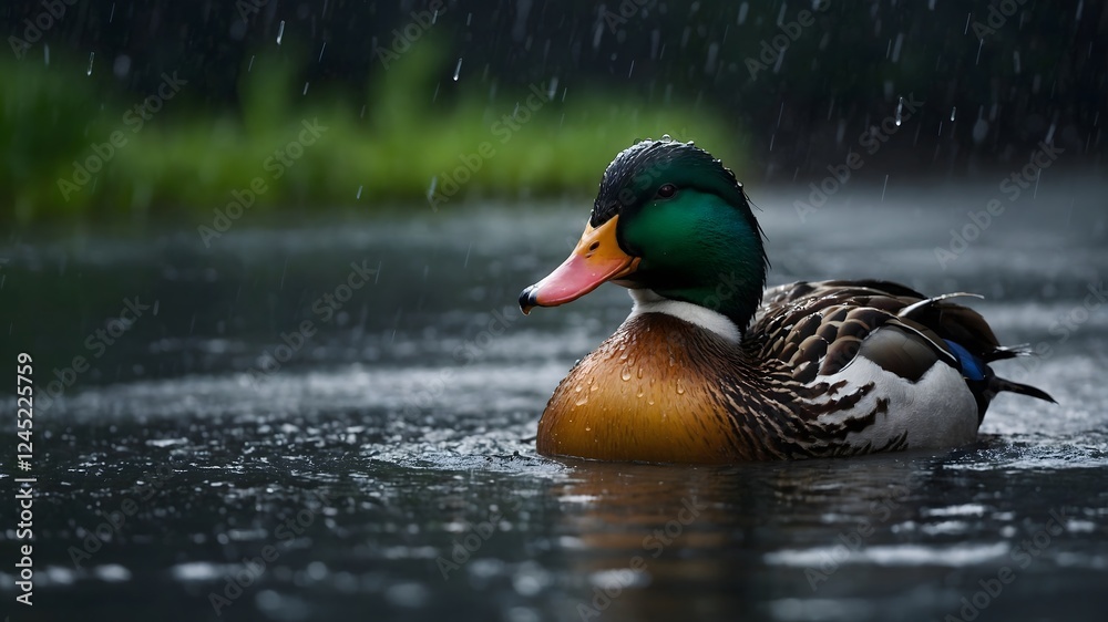 Fototapeta premium Grace in the Rain: A Laysan Duck's Soothing Journey Through Stormy Weather
