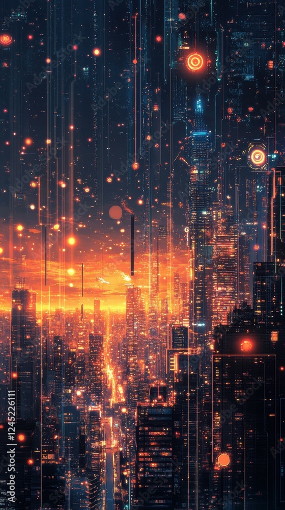 Fototapeta premium Futuristic Cityscape with Exponential Growth Visualization at Sunset