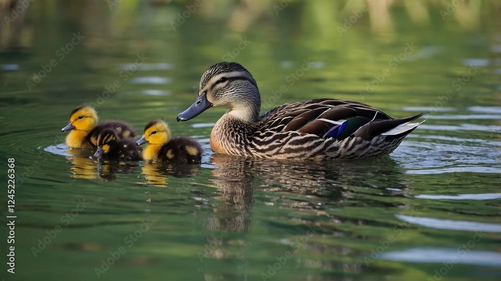 Loving Path: A Laysan Duck and Her Ducklings Gliding Over Tranquil Waters Loving Path: A Laysan Duck and Her Ducklings Gliding Over Tranquil Waters