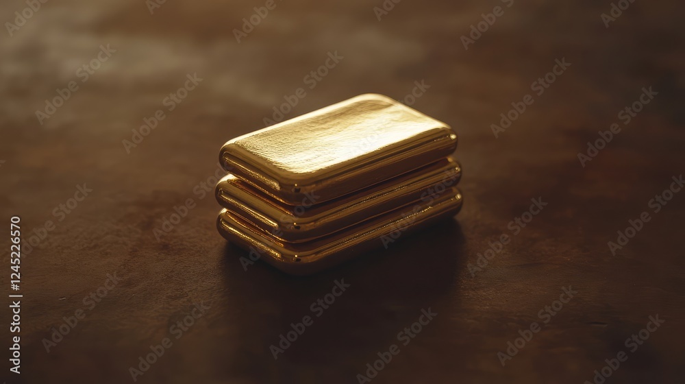 A collection of gold investment bars stacked on top of one another, with a soft light highlighting their shine. A collection of gold investment bars stacked on top of one another, with a soft light highlighting their shine.