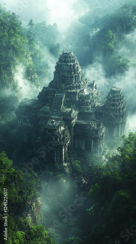 Enigmatic Ancient Temple Ruins Emerging from Lush Green Jungle Mist photo