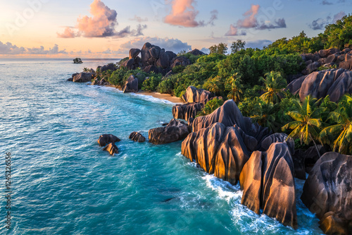 Aerial view of Anse Source d' Argent beach at sunset, La Digue island, Seychelles photo