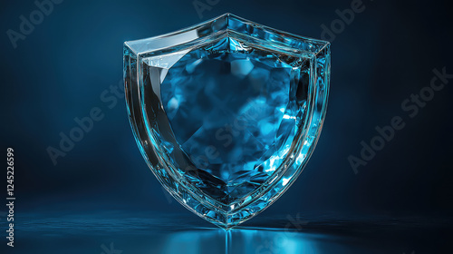 3D render of a translucent blue shield, symbolizing security and protection.