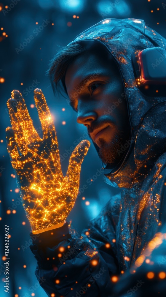 Obraz premium Businessman Using Haptic Gloves to Explore Virtual Reality Technologies