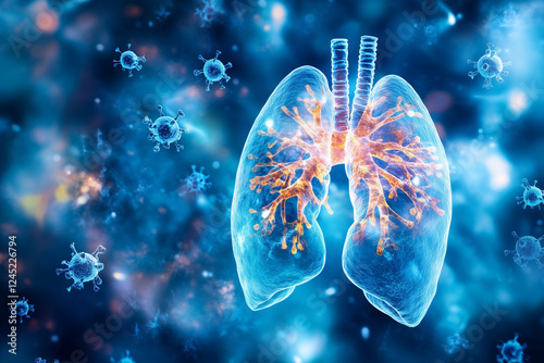 A microscopic view of pneumonia-causing bacteria infecting lung tissue, showing harmful pathogens in action, with copy space. 
