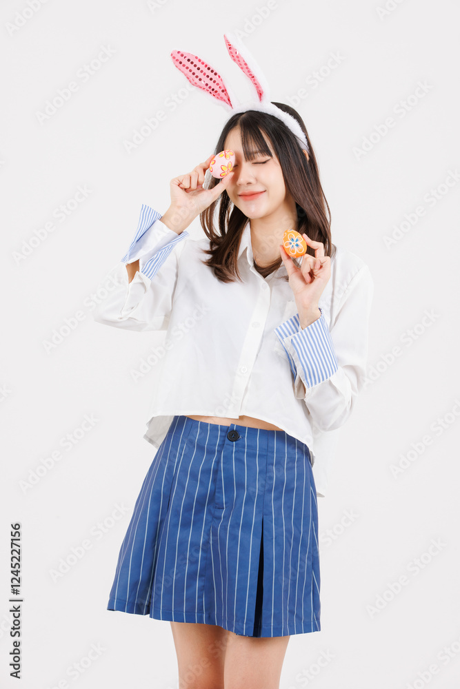 Portrait of happy asian young pretty woman wearing casual clothes bunny rabbit ears, teenager smiling funny holding colorful easter egg pose looking at camera on white background, Celebrate concept Portrait of happy asian young pretty woman wearing casual clothes bunny rabbit ears, teenager smiling funny holding colorful easter egg pose looking at camera on white background, Celebrate concept
