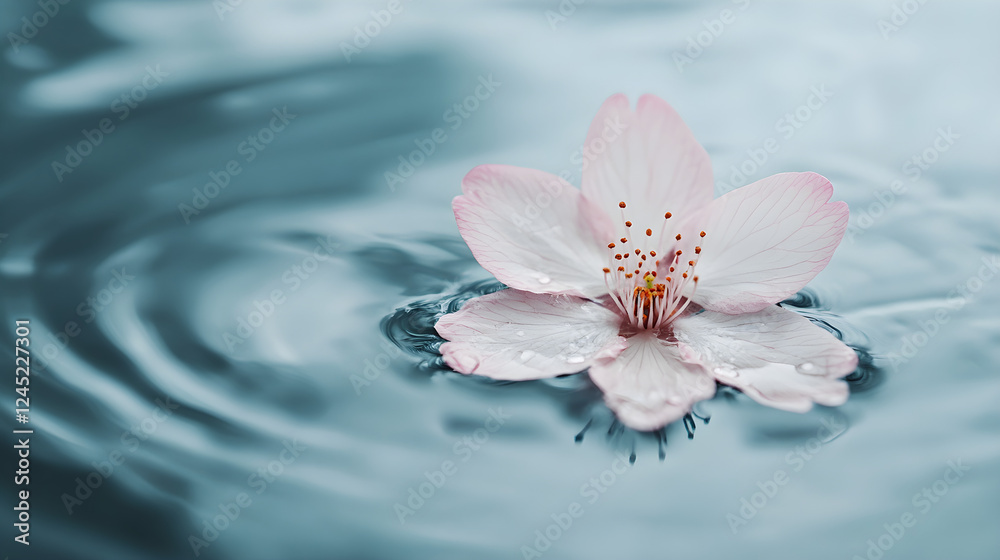 A lone cherry blossom flower floating on a minimalist water surface A lone cherry blossom flower floating on a minimalist water surface