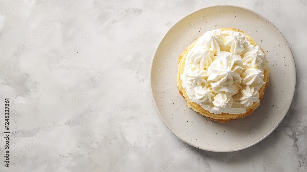 A delicate mille-feuille pastry cake with layers of cream, placed on a neutral plate with copy space. A delicate mille-feuille pastry cake with layers of cream, placed on a neutral plate with copy space.