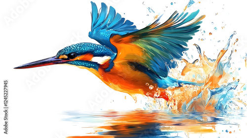 Colorful Kingfisher in Flight Splashing Water photo