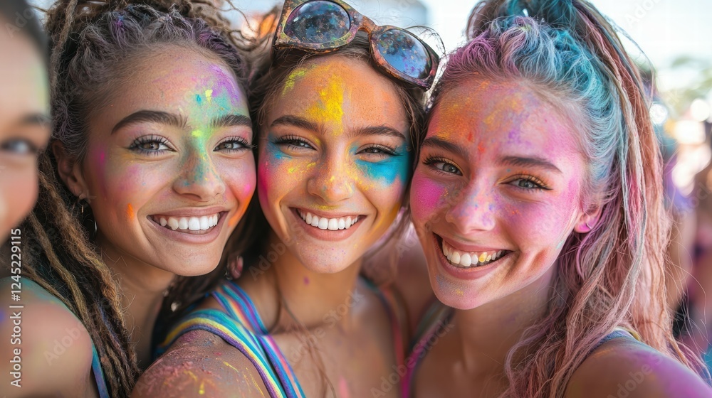 Fototapeta premium Joyful Group Selfie of Models with Colorful Face Paint in Celebration