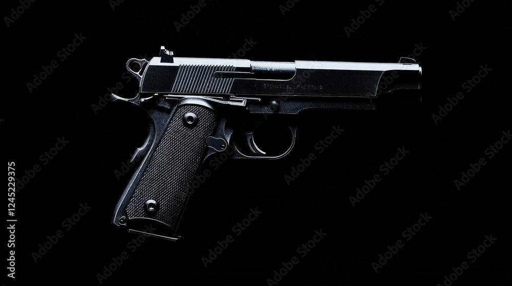 Black handgun displayed against a dark background Black handgun displayed against a dark background