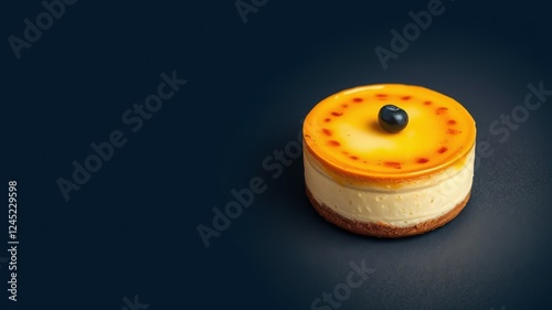 Creamy cheesecake topped with blueberry sits on a simple dark background in a minimalist style photo