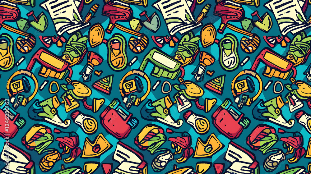 Fototapeta premium Colorful and vibrant pattern featuring various school supplies and items scattered across a blue background
