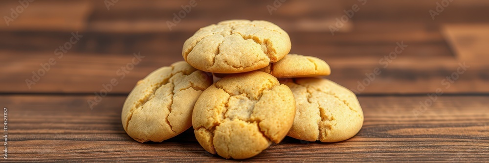 Freshly baked cookies stacked on a wooden surface, perfect for enjoying with a cup of tea or coffee Freshly baked cookies stacked on a wooden surface, perfect for enjoying with a cup of tea or coffee