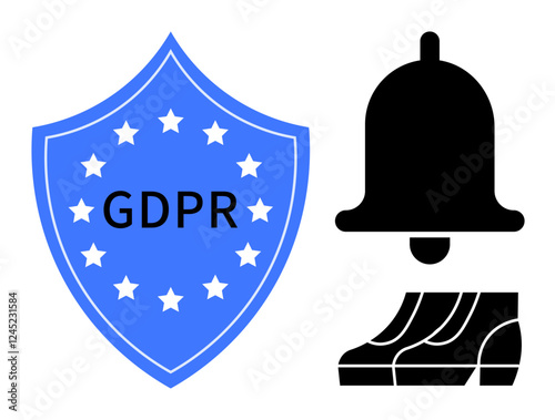 GDPR shield surrounded by stars, notification bell, and user footprints evoke themes of data protection, user consent, alerts, compliance, and privacy transparency. Ideal for legal, cybersecurity