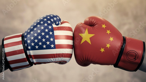 american flag boxing glove hitting the glove with chinese flag.  concept of conflict in trade and business between usa and china