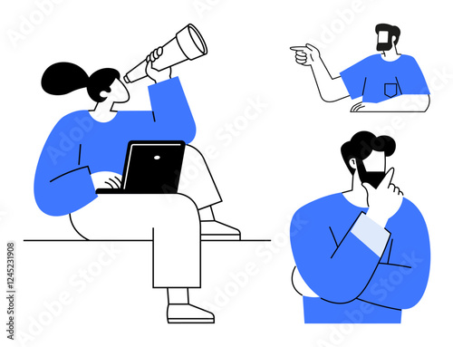 Three cartoon characters in blue and white outfits. One person uses a telescope with a laptop, another points, while the third contemplates with a hand on their chin. Ideal for teamwork, planning