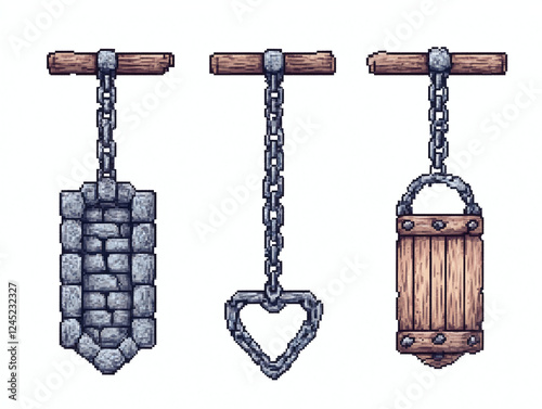 Pixel Art Medieval Hanging Well and Barrel Set photo