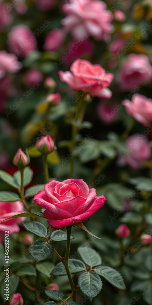 Beautiful pink roses blooming in a garden during spring surrounded by greenery Beautiful pink roses blooming in a garden during spring surrounded by greenery