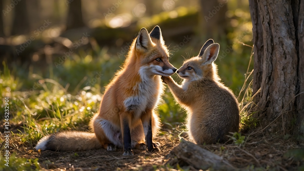 Naklejka premium Nature’s Table: A Whimsical Feast with a Fox, Rabbit, and Bird