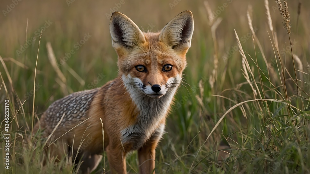 Obraz premium Watchful Eye: A Kit Fox Camouflaged in the Field, Ready to Pounce