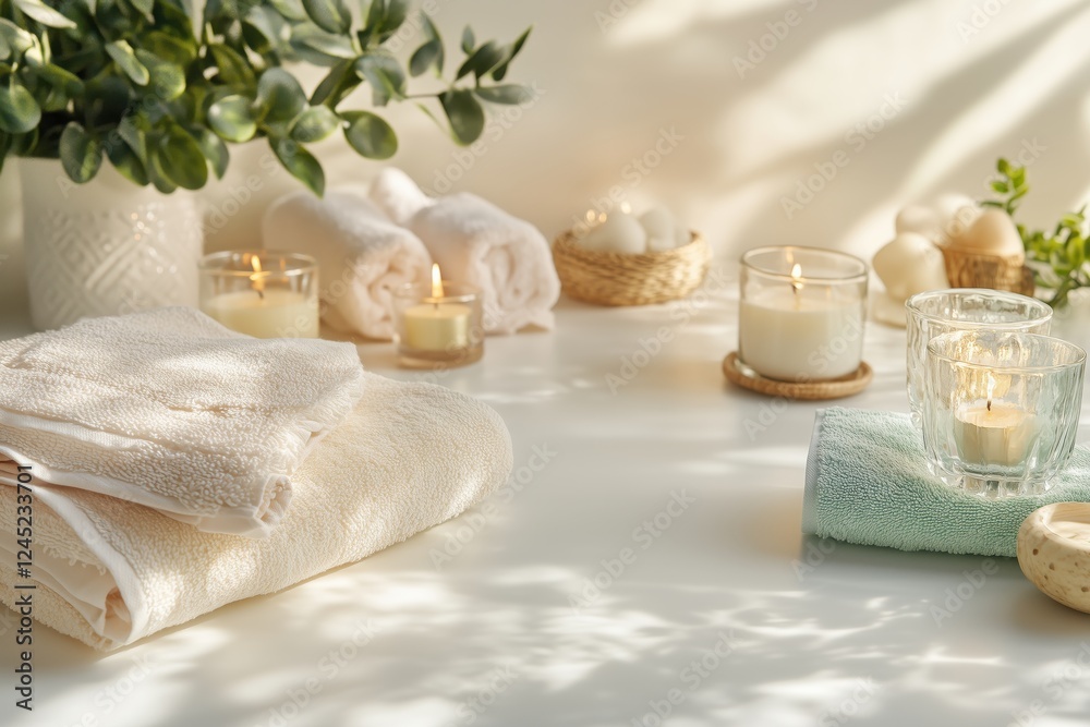 Conjunto de itens de spa com toalhas, velas e elementos decorativos em tons neutros, capturados com luz natural suave, criado com IA generativa. Conjunto de itens de spa com toalhas, velas e elementos decorativos em tons neutros, capturados com luz natural suave, criado com IA generativa.