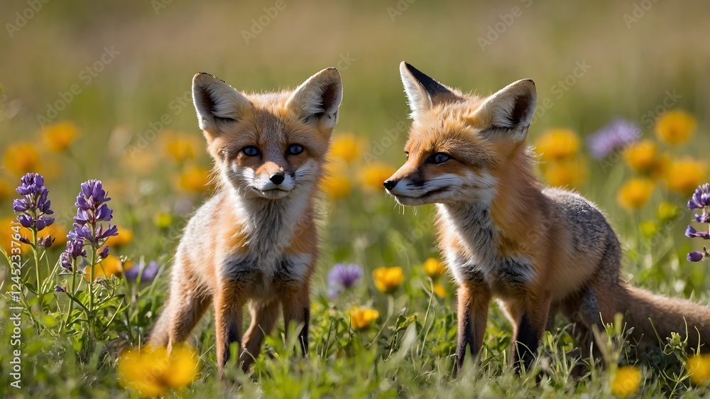 Fototapeta premium Cheerful Chases: A Kit Fox Family in a Vibrant Wildflower Field