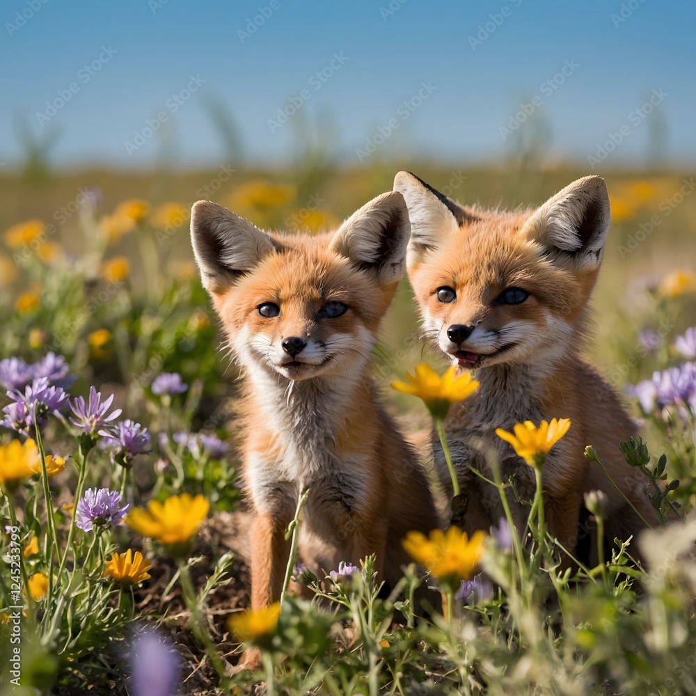 Obraz premium Floral Fun: A Kit Fox Family at Play in a Wildflower Meadow