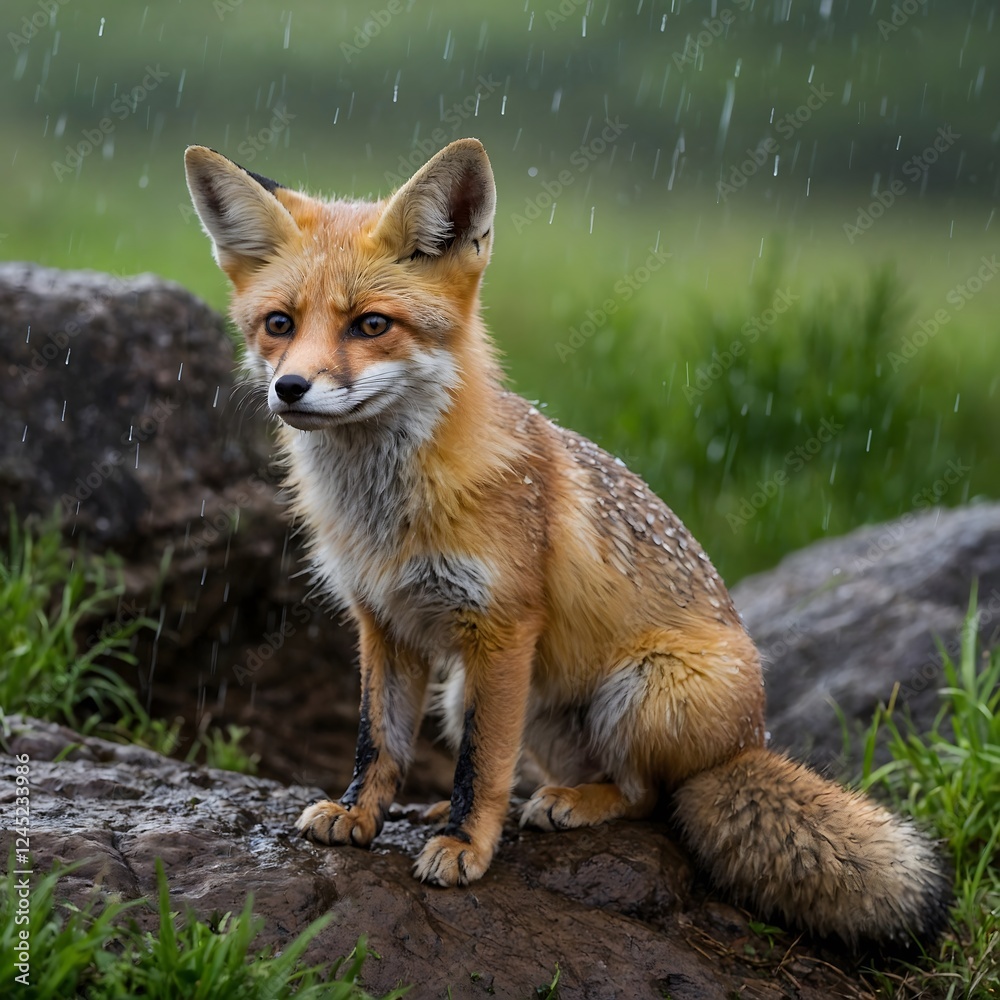 Fototapeta premium Rainy Reflections: A Kit Fox's Peaceful Hideaway in Nature