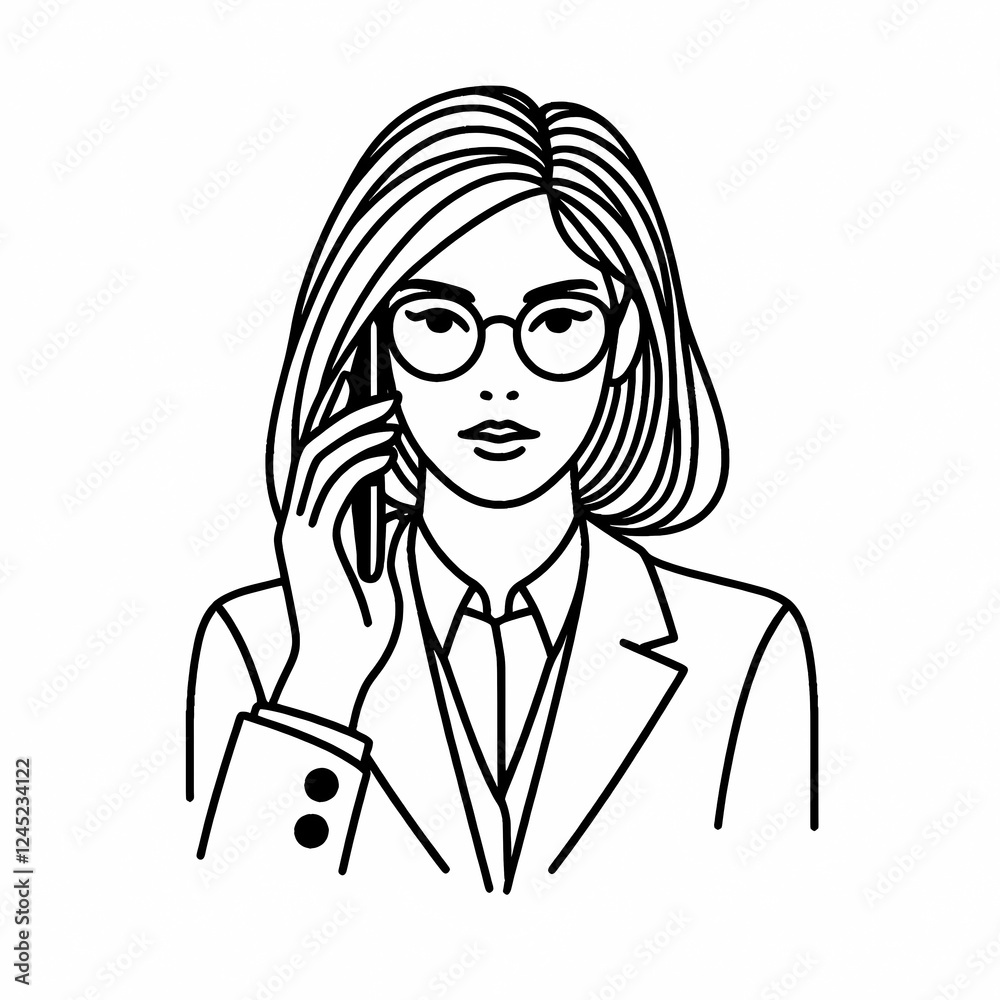 Blank coloring book illustration of a woman wearing glasses and a suit making a phone call. Blank coloring book illustration of a woman wearing glasses and a suit making a phone call.