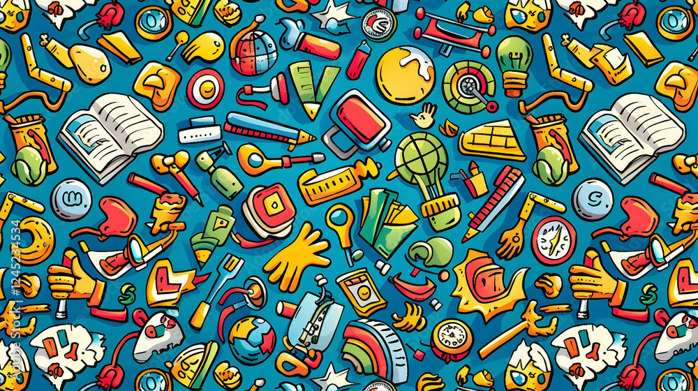 Naklejka premium Colorful collage of various educational and creative tools on a vibrant blue background