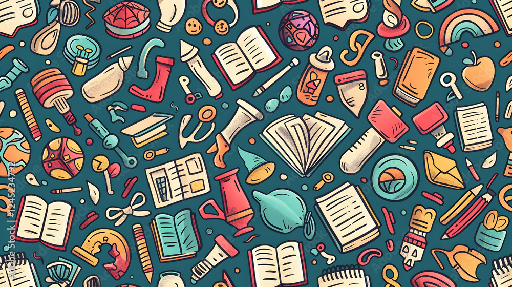 Colorful and diverse collection of objects illustrating creativity and learning in a flat lay arrangement Colorful and diverse collection of objects illustrating creativity and learning in a flat lay arrangement