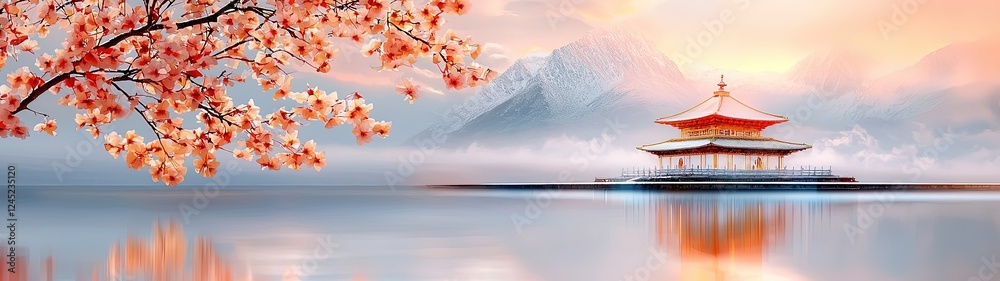 Providing a sense of calm and tranquility, Serene Landscape with Cherry Blossoms, Tranquil Water, Majestic Mountains, and Traditional Pavilion Under a Vibrant Sunrise in Soft Pastel Tones Providing a sense of calm and tranquility, Serene Landscape with Cherry Blossoms, Tranquil Water, Majestic Mountains, and Traditional Pavilion Under a Vibrant Sunrise in Soft Pastel Tones
