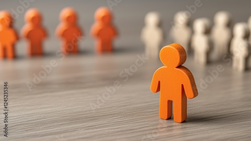 Vivid orange human figures in a line, striking visual representation of uniformity and order