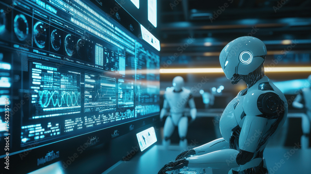 A high-tech stock exchange with AI robots trading with futuristic interfaces A high-tech stock exchange with AI robots trading with futuristic interfaces