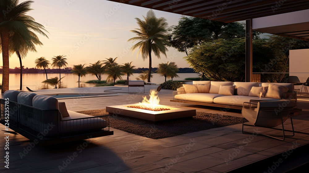 Fototapeta premium Serene Sunset View from a Luxurious Tropical Patio with Fire Pit