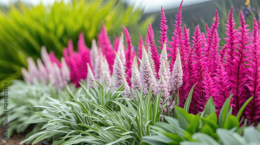 A row of healthy perennial plants in a garden with a neutral background that can be used for product design or text. A row of healthy perennial plants in a garden with a neutral background that can be used for product design or text.