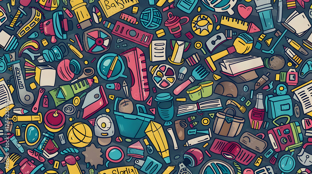 Fototapeta premium Colorful illustration of various school and office supplies scattered across a vibrant background