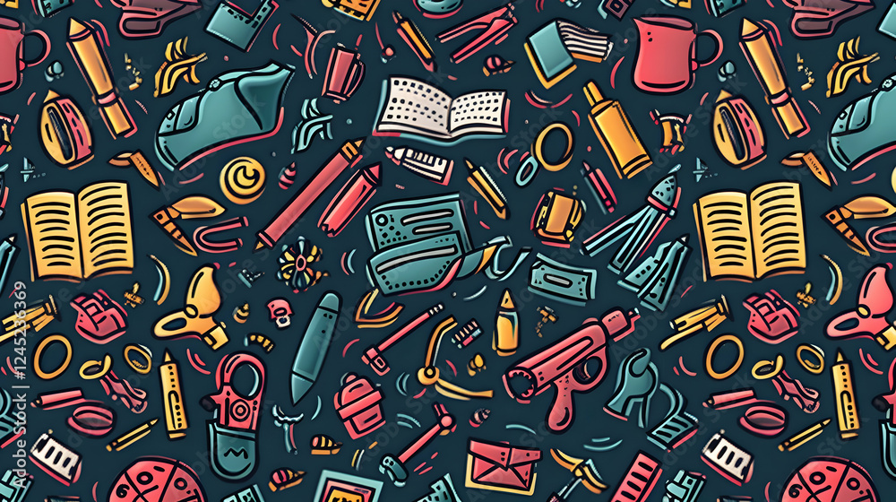 A vibrant pattern of various everyday objects including books, tools, and stationery on a dark background A vibrant pattern of various everyday objects including books, tools, and stationery on a dark background
