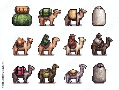 Pixel Art Camels with Cargo and People photo