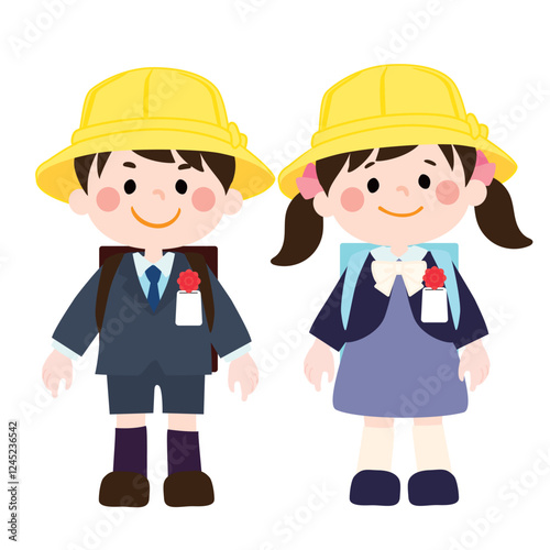 入学式でランドセルを背負う笑顔のこどもたちのベクターイラスト
