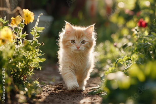 Fluffy ginger kitten exploring sunny garden with flowers photo