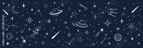 Space star vector kid background. Hand drawn doodle sketch style star space cute galaxy background. Hand drawn kid galaxy universe doodle pattern. Planet, rocket, moon element. Vector illustration.