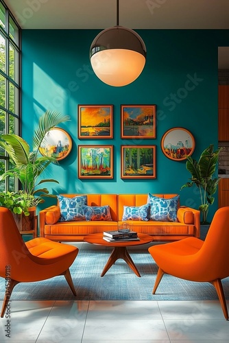 Modern living room design in orange and green